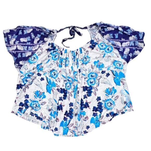 Free People Baja Babe Floral Tie Back Top Blue Cold Shoulder Size Small BOHO - Picture 3 of 13